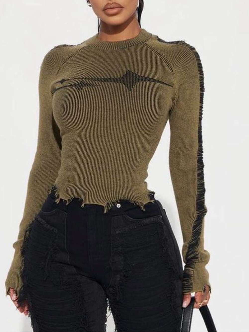 Fashion Nova Olive Green Distressed Ribbed Long Sleeve Sweater